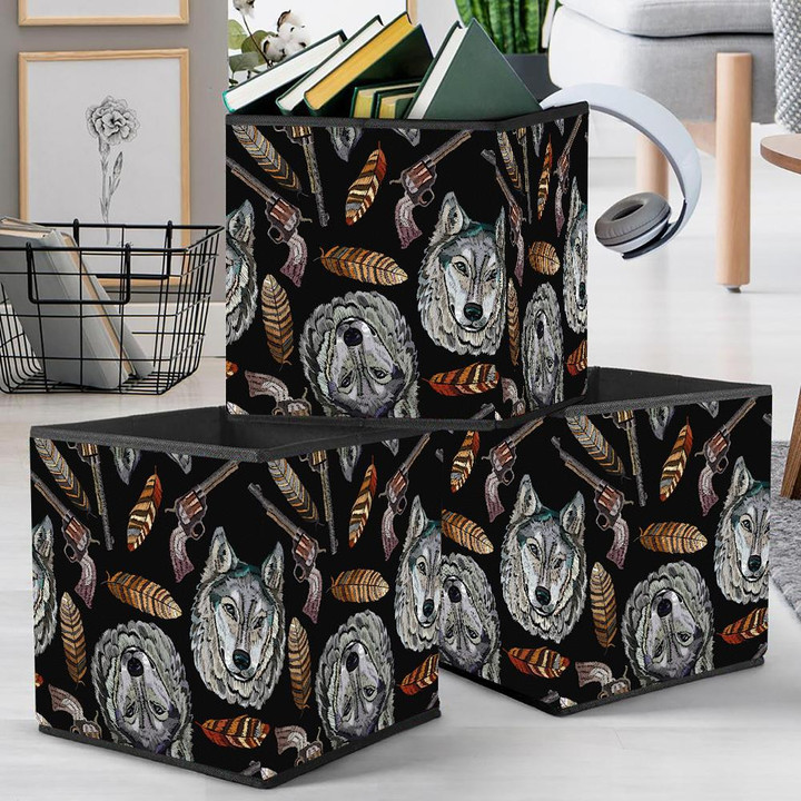 Embroidery Head Wolf Feathers And Guns Storage Bin Storage Cube