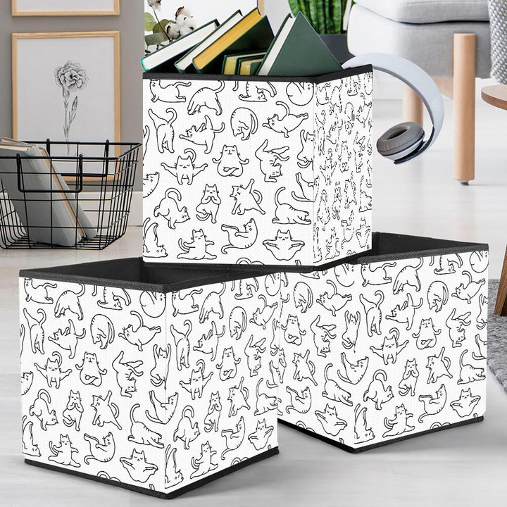 Cartoon Doodle Comic Outline Cats In Yoga Pose Storage Bin Storage Cube