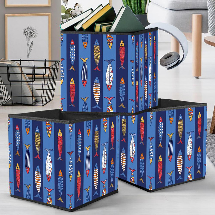 Drawing Colorful Fishes On Navy Striped Background Design Storage Bin Storage Cube