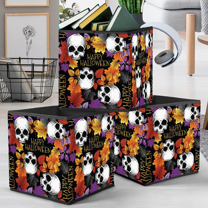 Happy Halloween Text With Spooky Skull And Maple Leaves Pattern Storage Bin Storage Cube