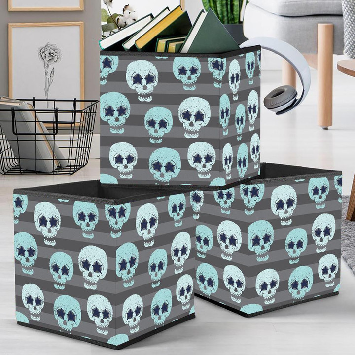 Human Skull With Star Eyes On Striped Background Storage Bin Storage Cube