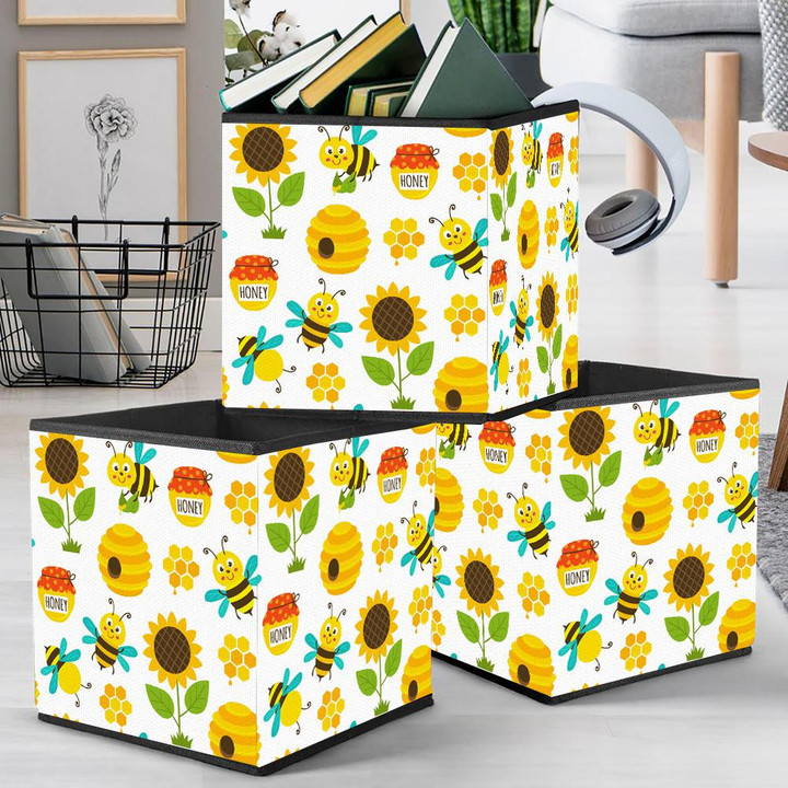 Funny Bees And Icons Of Sunflowers Honey Jar And Hexagon Pattern Storage Bin Storage Cube