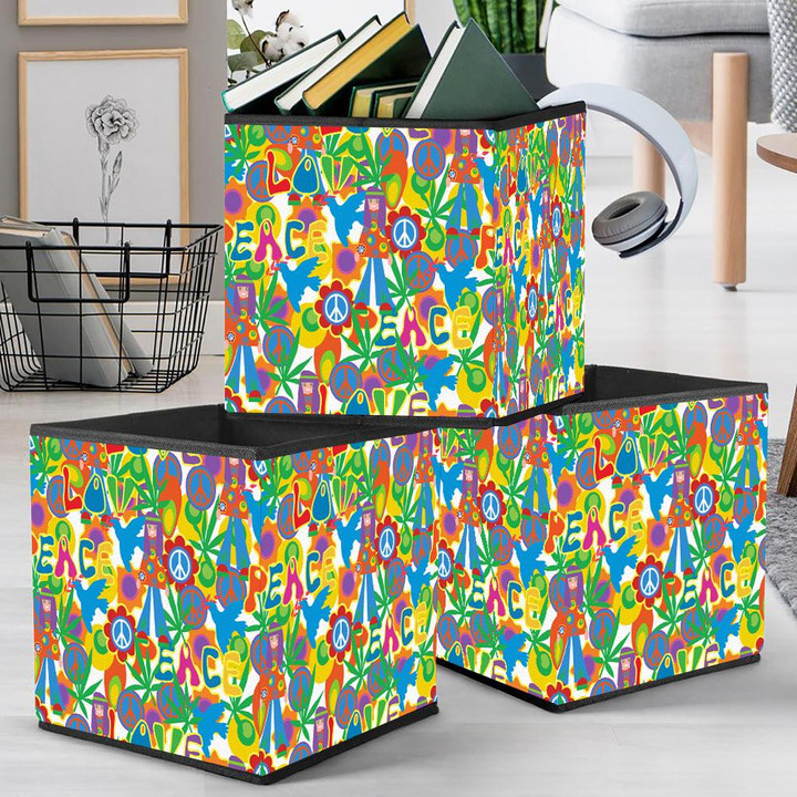Colorful Pattern With Hippie Girl With Peace And Love Text Storage Bin Storage Cube