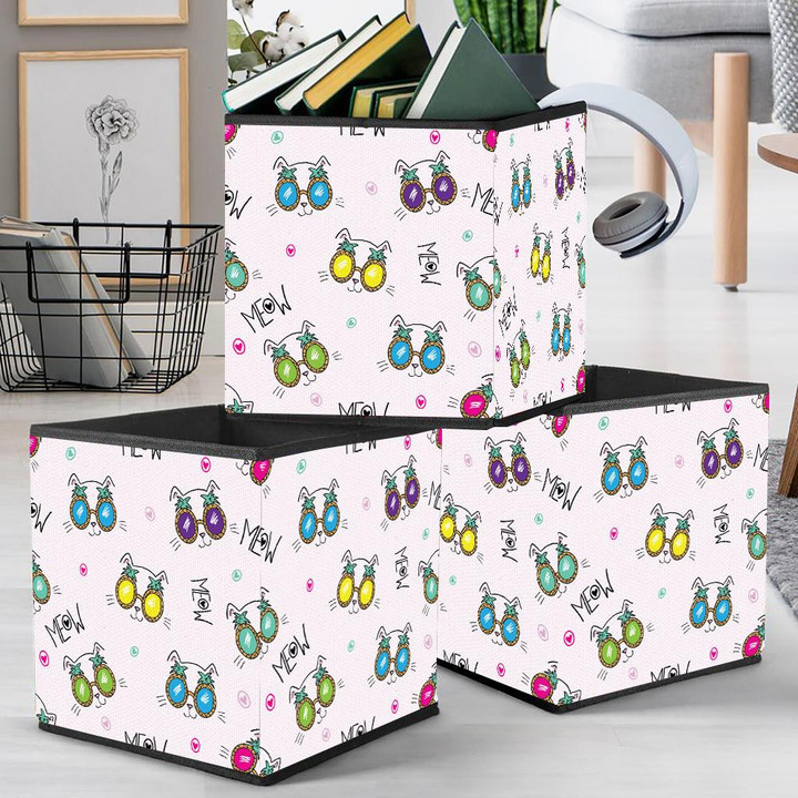 Cute Cats In Glasses Pineapple On Pink Storage Bin Storage Cube