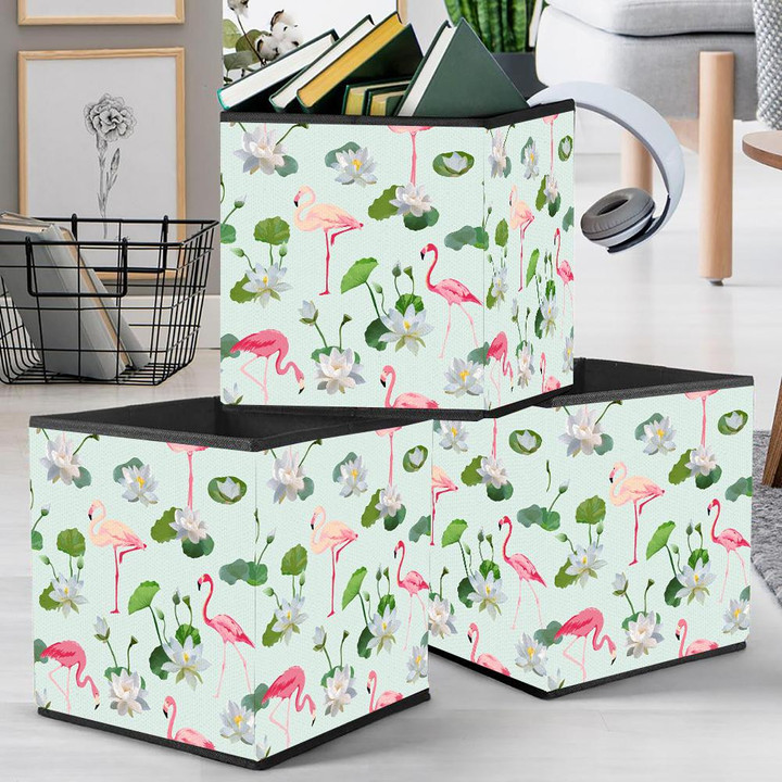 Flamingo Bird And Waterlily Flowers Background Storage Bin Storage Cube