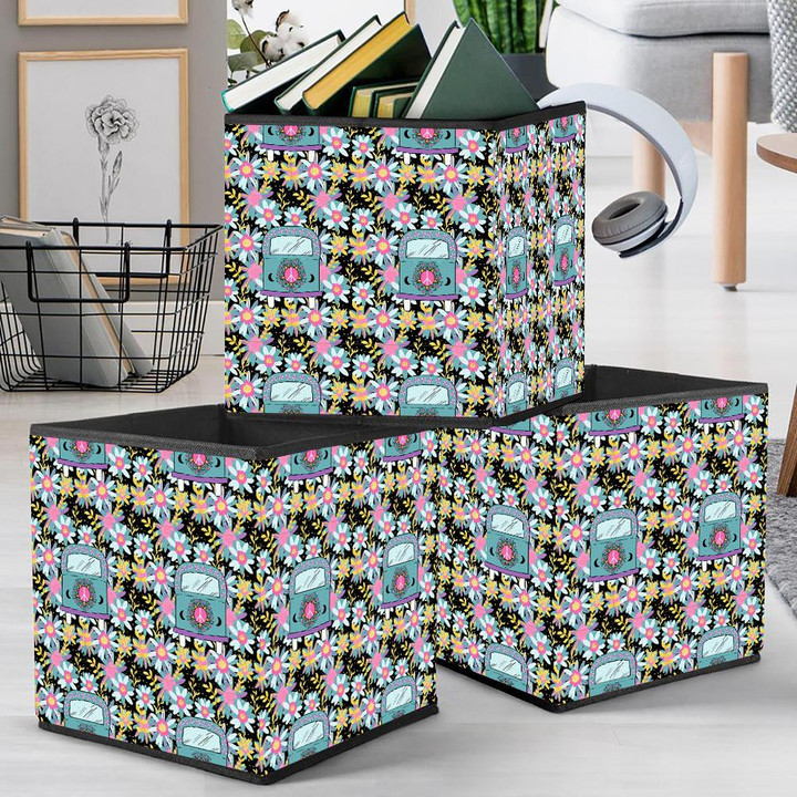 Drawing Pattern With Hippie Bus And Floral On Black Background Storage Bin Storage Cube