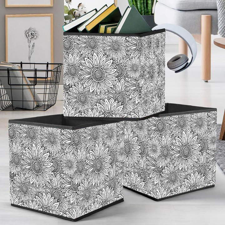None Colored Pattern With Sunflowers Doodle Style Storage Bin Storage Cube