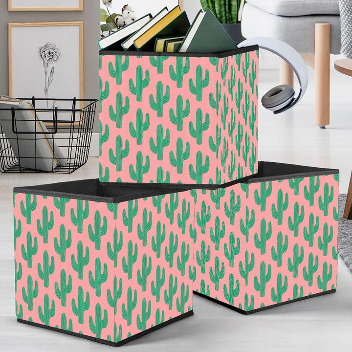 Design Hand Drawn Green Cactus On Pink Background Storage Bin Storage Cube
