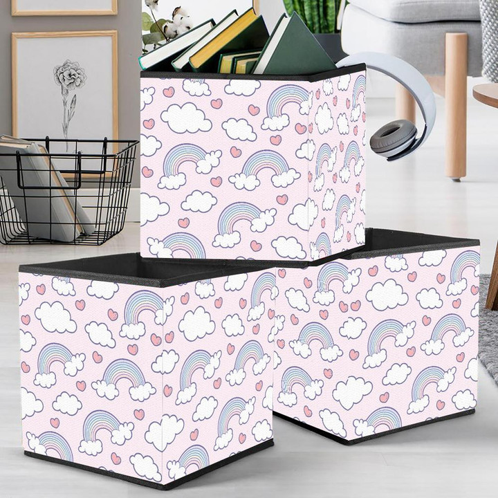 Doodle Style Rainbow Cloud And Heart Symbols On Pink Background Storage Bin Storage Cube