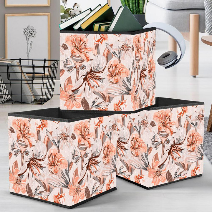 Watercolor Pattern Of Coral And Cream Flowers Leaves Branches Storage Bin Storage Cube