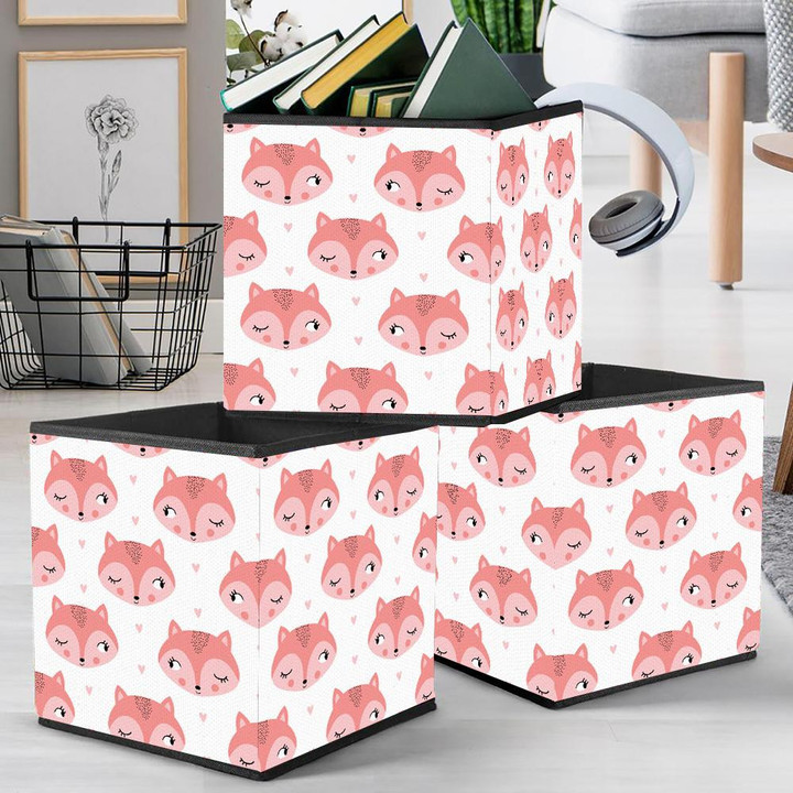 Lovely Pink Fox Face Wink With Little Hearts On White Design Storage Bin Storage Cube