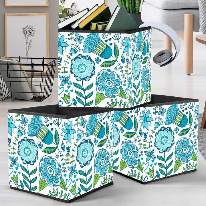 Hand Drawn Tribal Blue Butterfly And Flowers Storage Bin Storage Cube