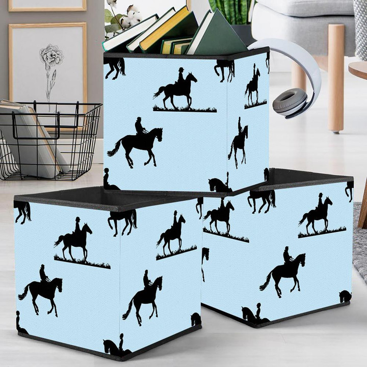 Black Silhouettes Of Racing Sports Horses And Riders Storage Bin Storage Cube