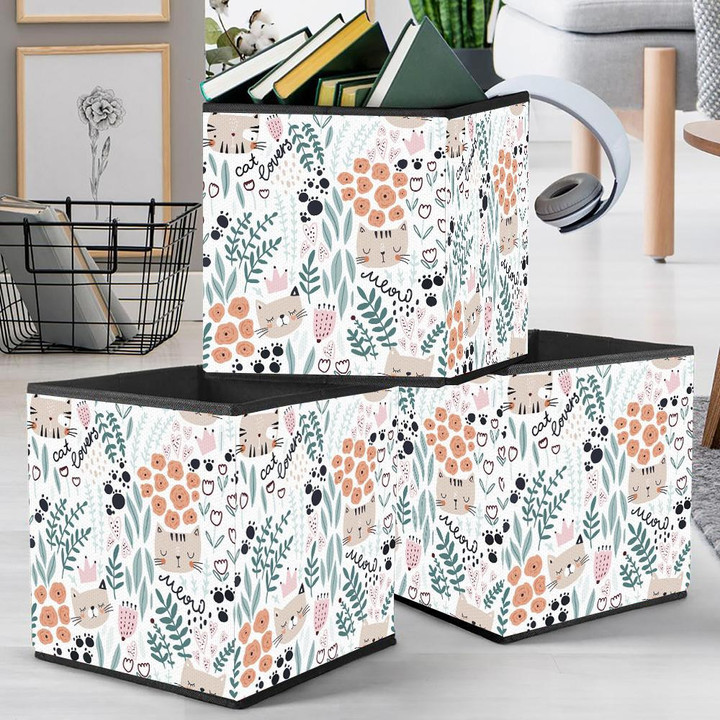 Cute Hand Drawn Cats And Florals Storage Bin Storage Cube
