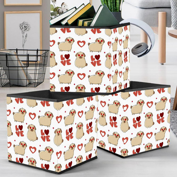 Cute Dog Breed Pug And Hearts On White Background Storage Bin Storage Cube