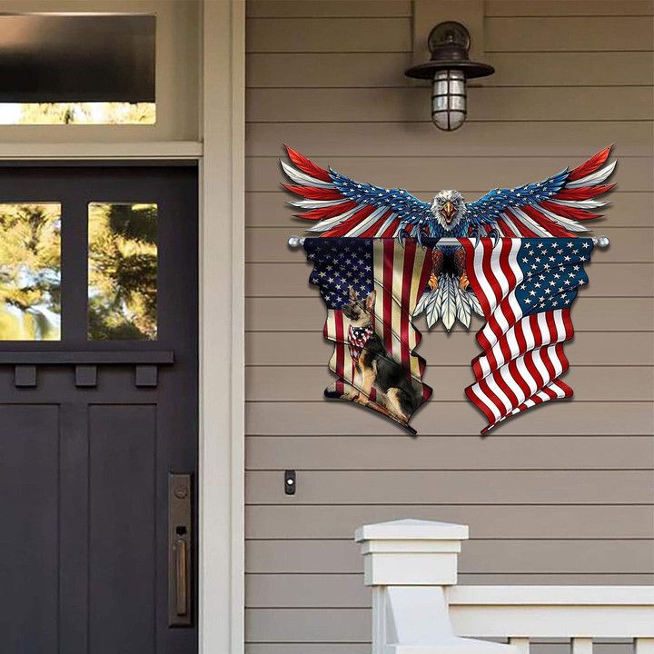 Beautiful Design Dog With America Flag Cut Metal Sign