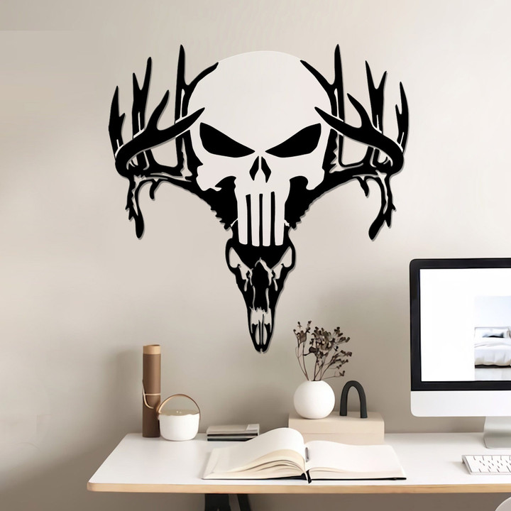 Winter Deer Skull Symbol Black And White Background Cut Metal Sign