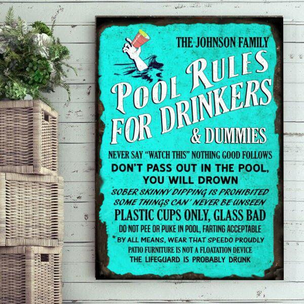 Blue Theme Pool Rules For Drinkers And Dummies Custom Name Rectangle Metal Sign