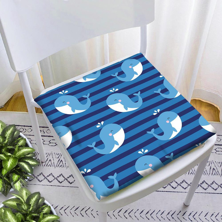 Cute Cartoon Blue Whales On Navy Striped Background Design Chair Pad Chair Cushion Home Decor