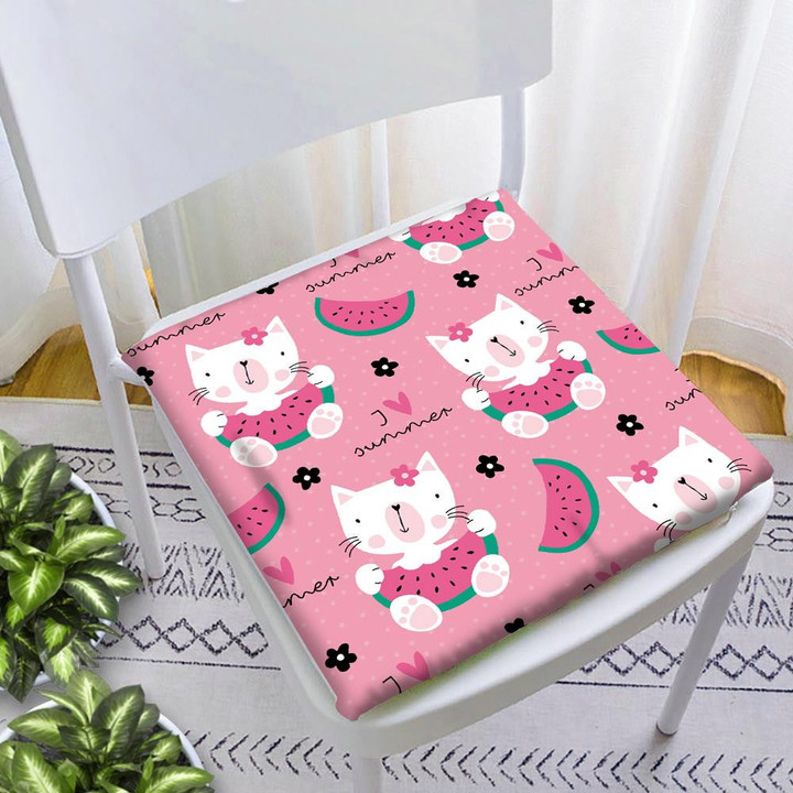 Cute Cat With Watermelon On Pink Chair Pad Chair Cushion Home Decor