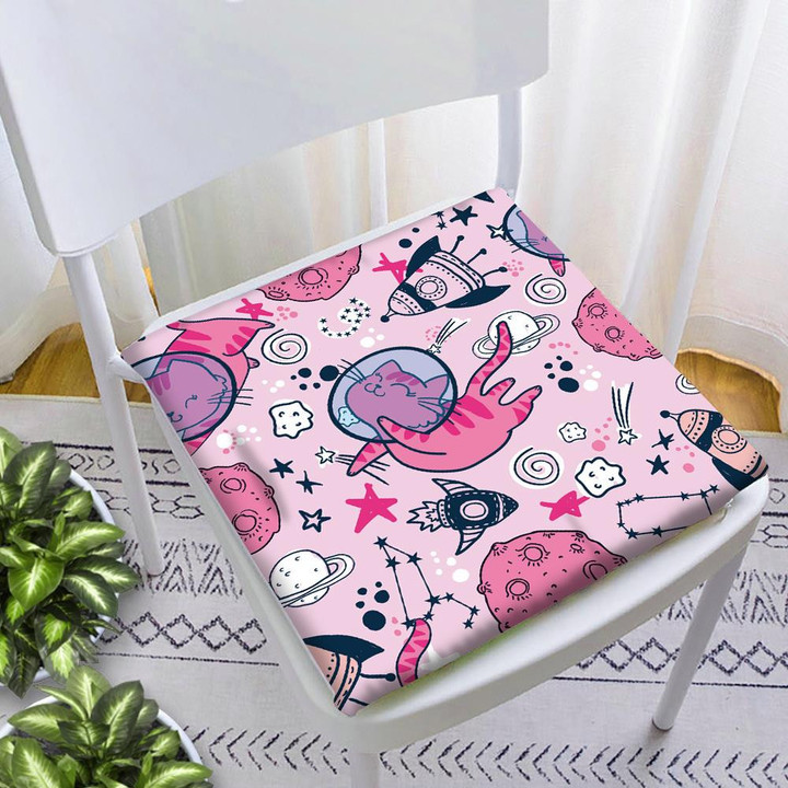Cosmic Doodle Pink Astronaut Cat Floating In Space Chair Pad Chair Cushion Home Decor