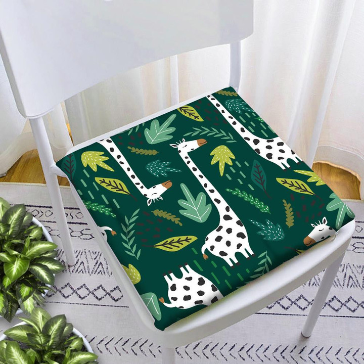 Creative Green Leaf Collection With Black White Giraffe Illustration Chair Pad Chair Cushion Home Decor