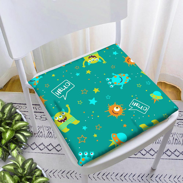 Cute Monsters Say Hello Illustration With Stars On Green Background Chair Pad Chair Cushion Home Decor