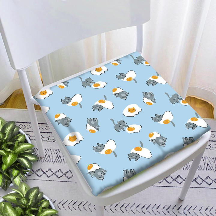 Cute Cat And Fried Eggs On Blue Background Chair Pad Chair Cushion Home Decor