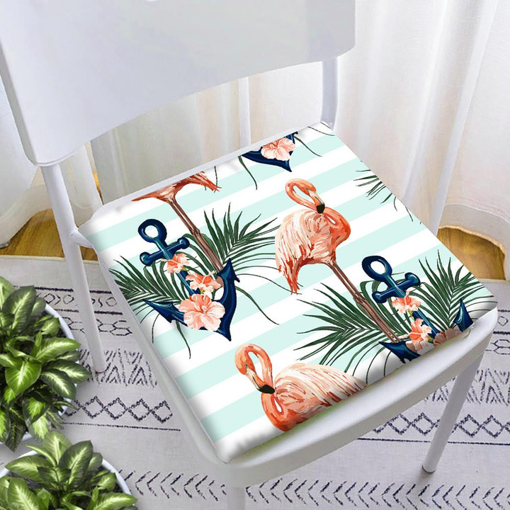 Beautiful Flamingo With Blue Anchor And Palm Leaves Chair Pad Chair Cushion Home Decor