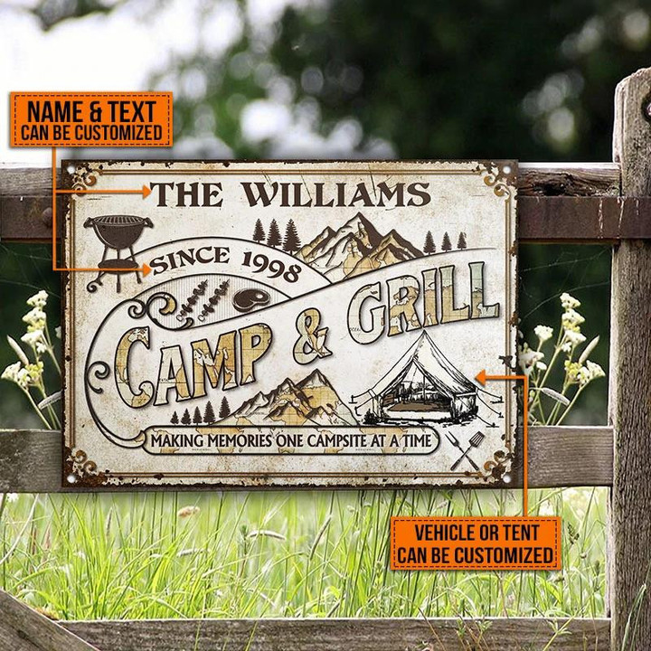 Camp And Grill Making Memories Vintage Rectangle Metal Sign Custom Name Text Vehicle Tent