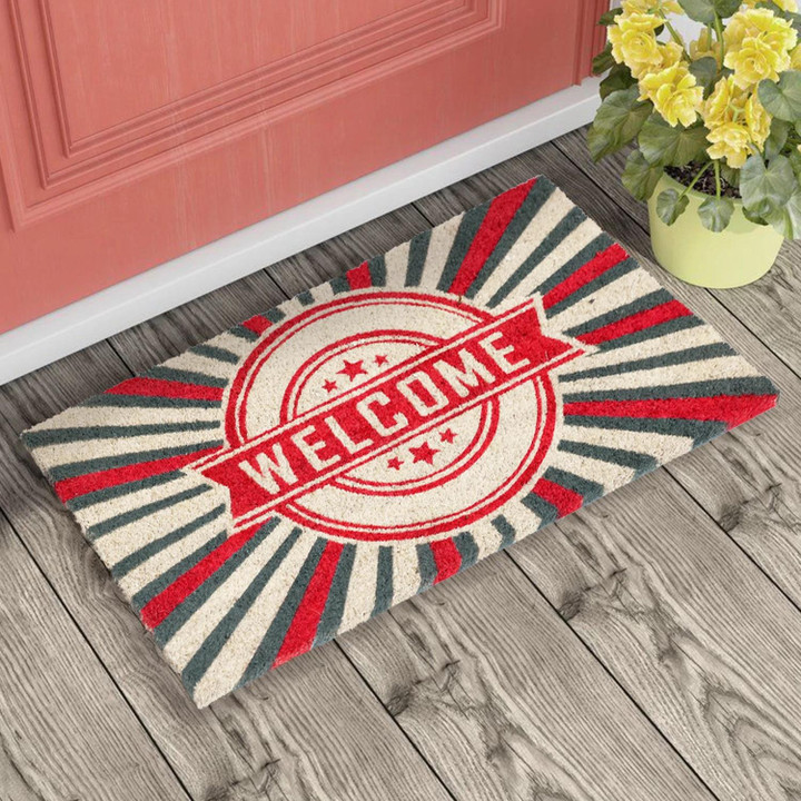 Retro Welcome Red And Grey Lines Design Doormat Home Decor