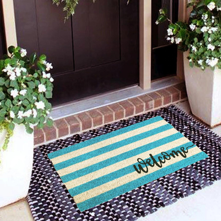 Retro Stripe Welcome Blue Striped Design Doormat Home Decor