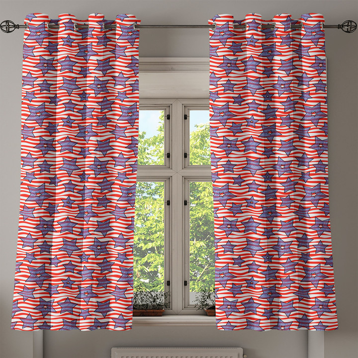 4th of July Stripes of Freedom And Sketch Style Stars American Flag Window Curtains Home Decor