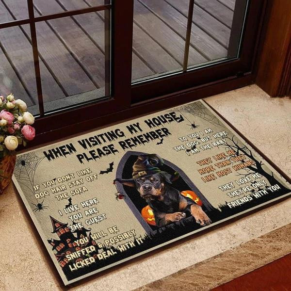 Rottweiler Halloween Visiting My House Please Remember Doormat Home Decor
