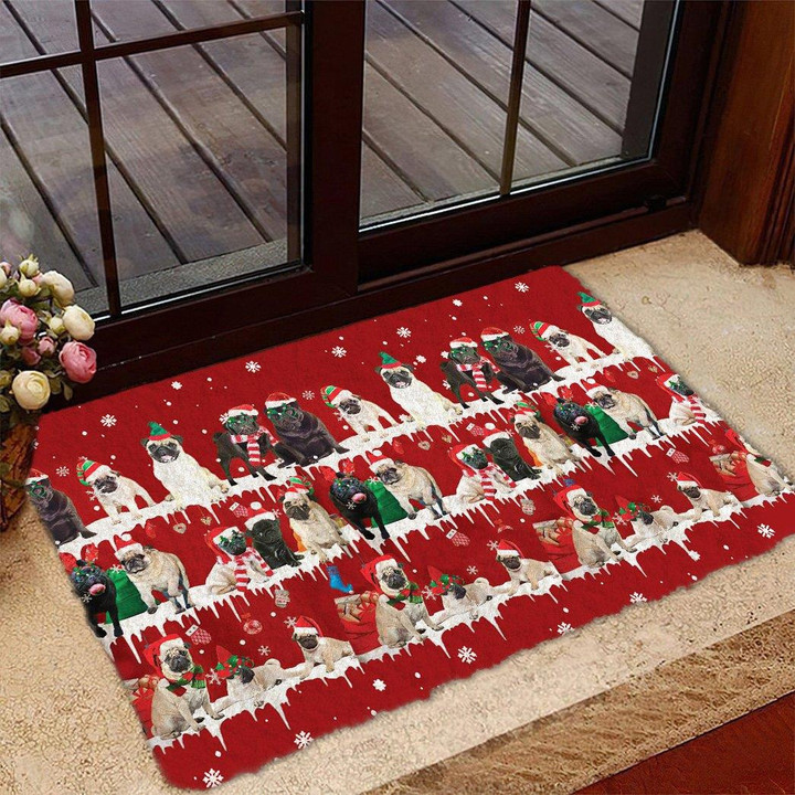 Cute Pug Dogs With Christmas Clothes And Gifts Merry Xmas Doormat Home Decor