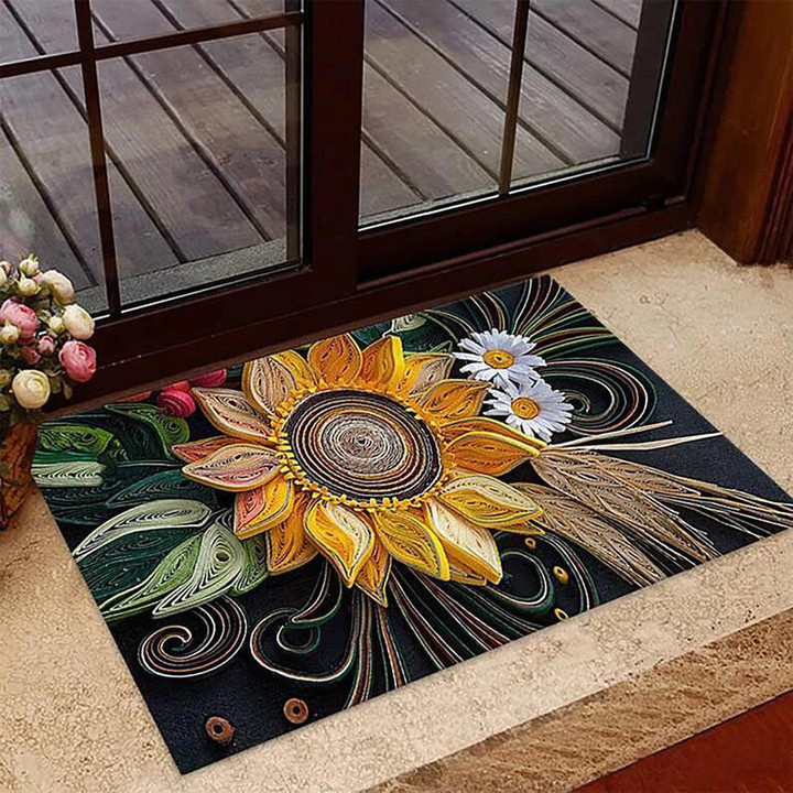 Colorful Flower Vintage Black Background Doormat Home Decor