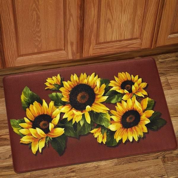 Sunflower Print Anti Fatigue Wine Red Background Doormat Home Decor