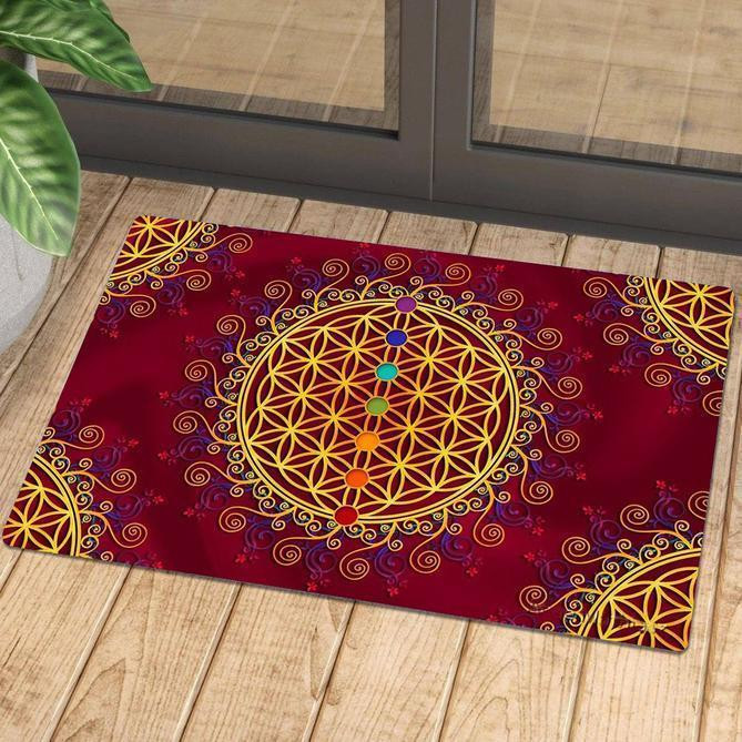 Mandala Style Colorful Dots On Dark Red Design Doormat Home Decor
