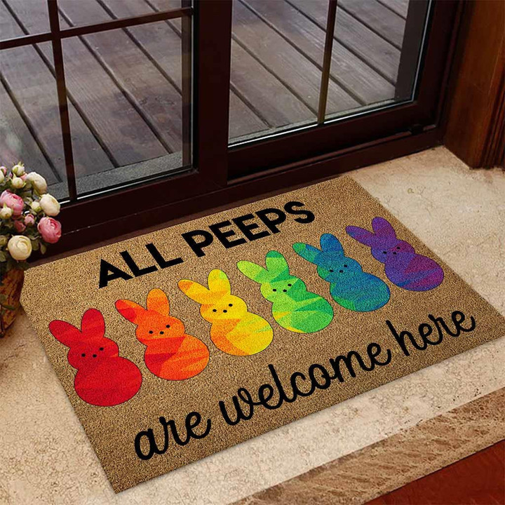 All Peeps Are Welcome Here Colorful Bunny Pattern Doormat Home Decor