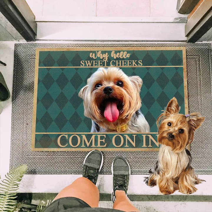 Yorkshire Dog Come On In Green Harlequin Background Doormat Home Decor