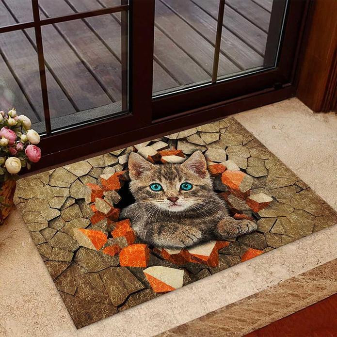 Peeking Cat Lovely Kitten With Turquoise Eyes Doormat Home Decor