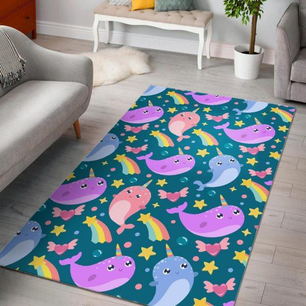 Rainbow Narwhal Pattern Print Home Decor Rectangle Area Rug