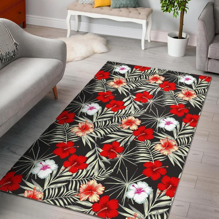Black Background Tropical Leaf And Hibiscus Printed Area Rug Home Decor