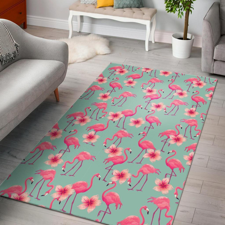 Tropical Flamingo Hibiscus Hawaiian Floral Pattern Print Area Rug