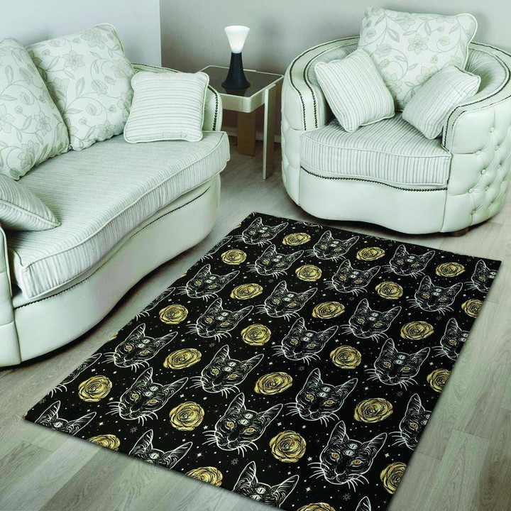 Black Gothic Cats With Gold Roses Hand Drawing Printed Area Rug Home Decor