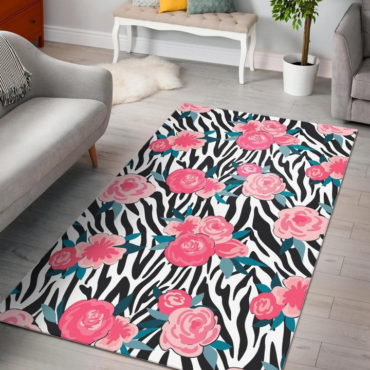 Black And White Zebra Skin With Pink Florals Printed Area Rug Home Decor