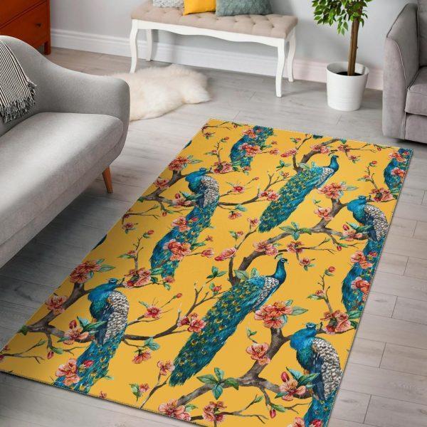 Yellow Peacock Floral Pattern Print Home Decor Rectangle Area Rug
