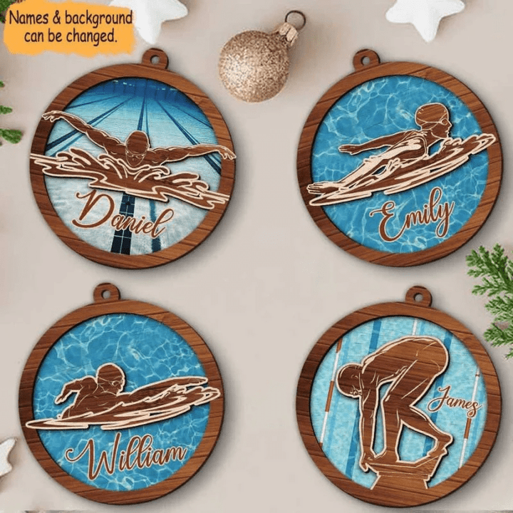 Swimming Athletes Custom Name Two Layered Wooden Ornament