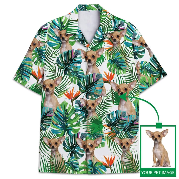 Custom Pet Photo Green Leaves Printed Hawaiian Shirt Gifts For Dog Lover