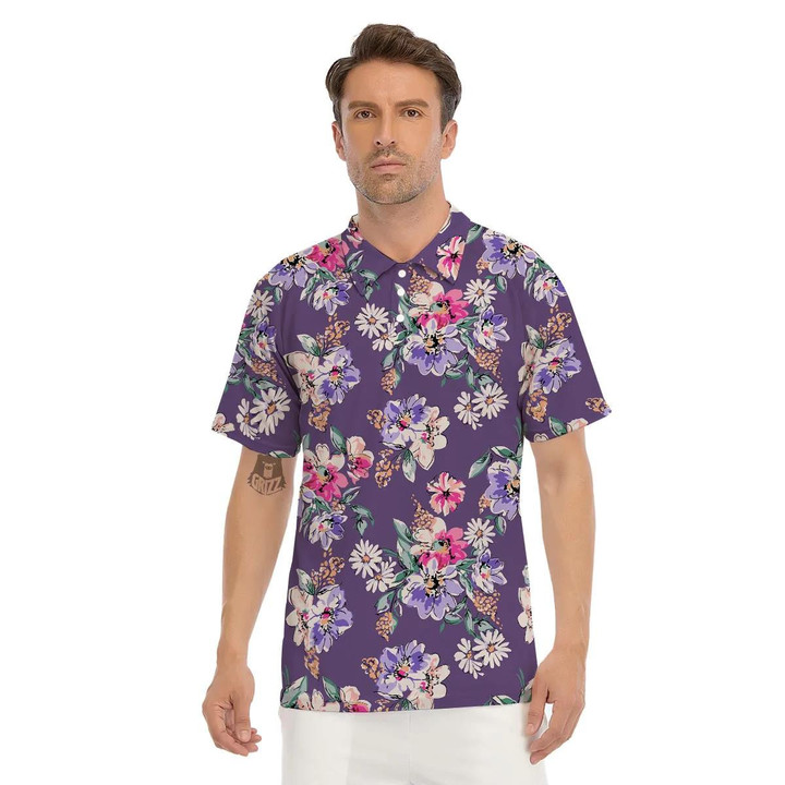 Purple Floral Print Men's Polo Shirts Gift For Men